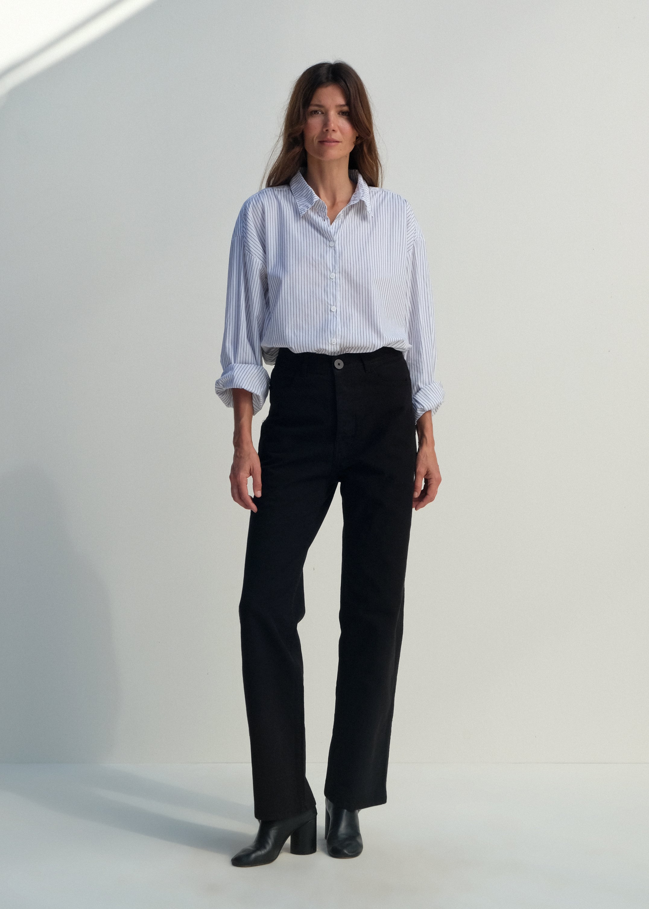 Alberta Shirt - White w/ Black Pinstripe - Jesse Kamm