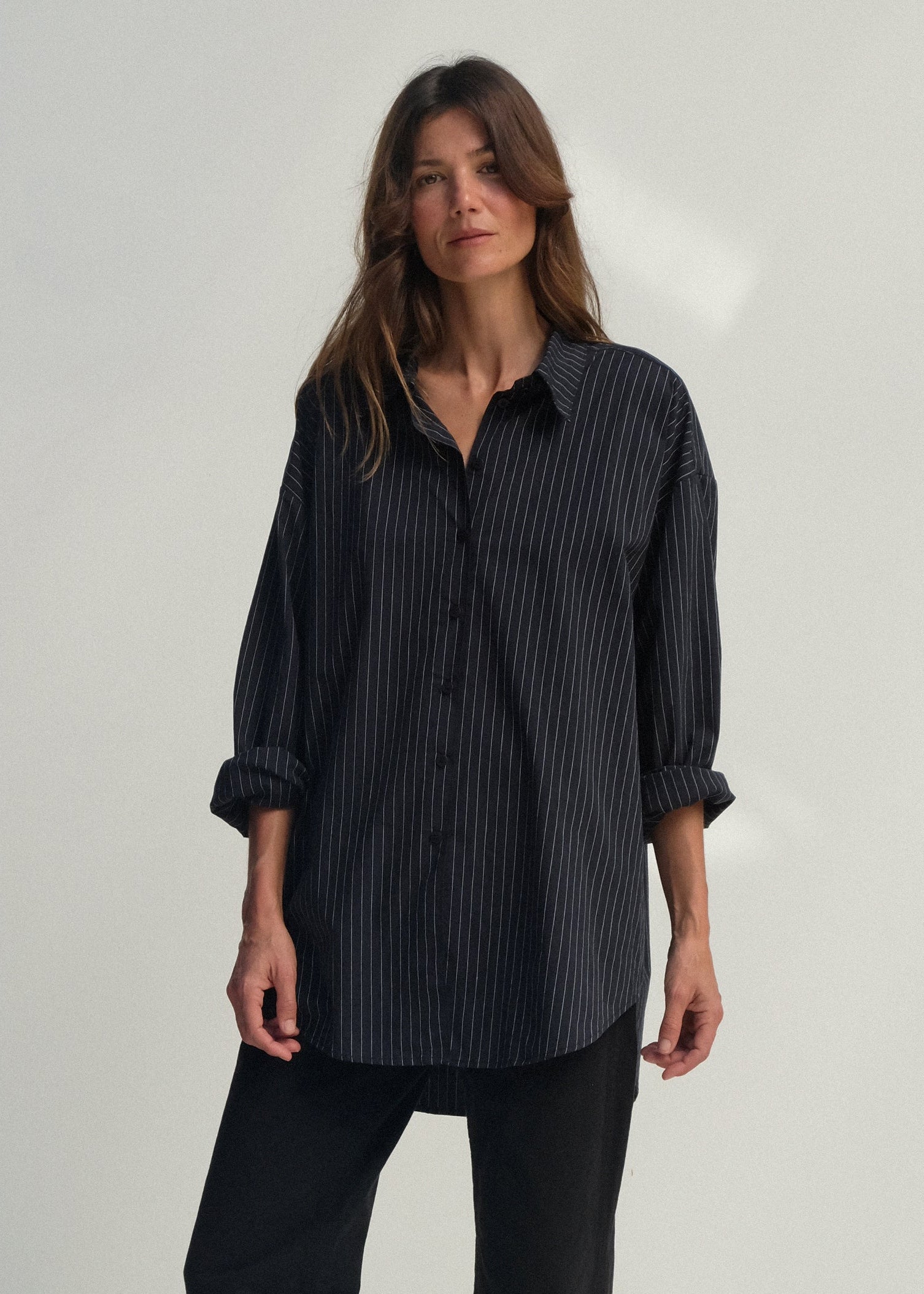 Alberta Shirt - Black w/ White Pinstripe - Jesse Kamm