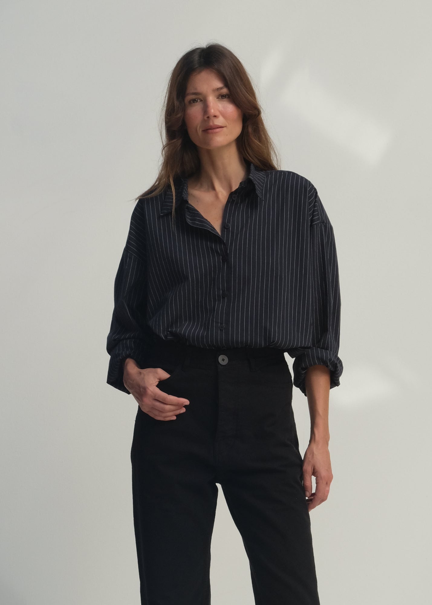 Alberta Shirt - Black w/ White Pinstripe - Jesse Kamm