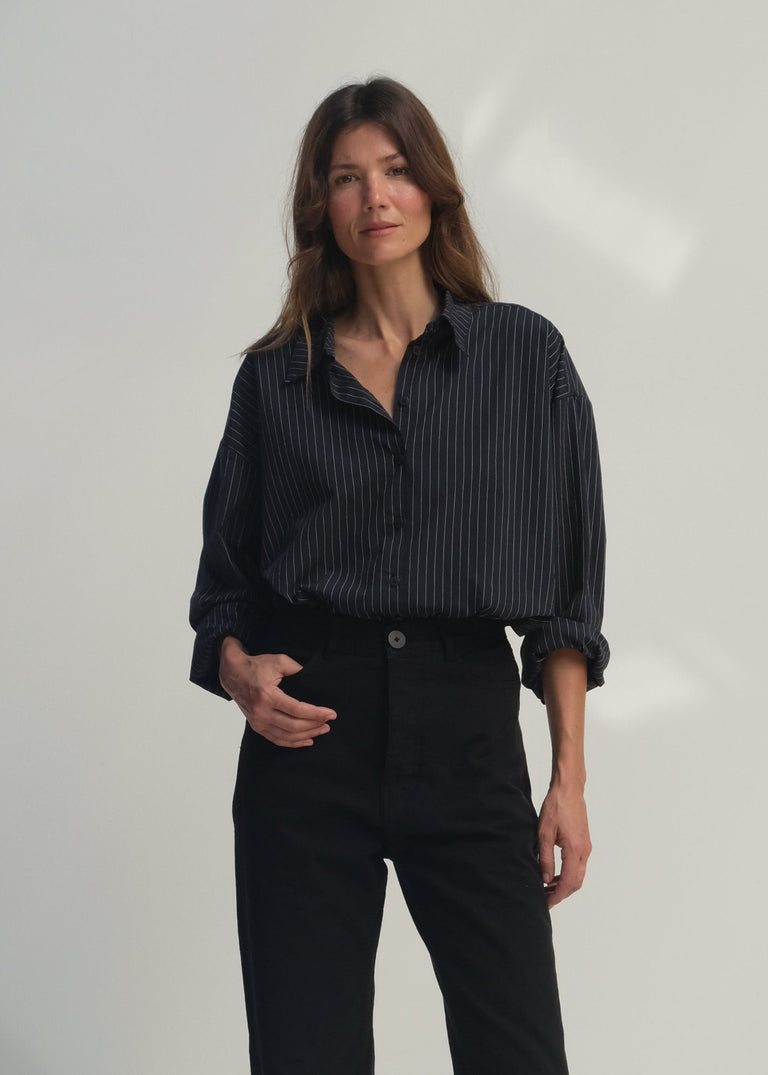 Alberta Shirt - Black w/ White Pinstripe - Jesse Kamm